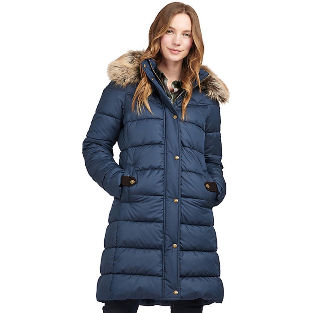 $380 Barbour Rustington Faux-Fur-Trim Hooded Puffer Coat Navy Blue US size 12